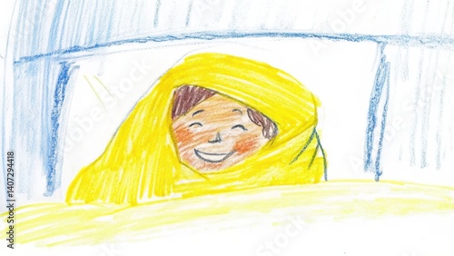 Happy child smiling in a yellow blanket on a cozy bed  