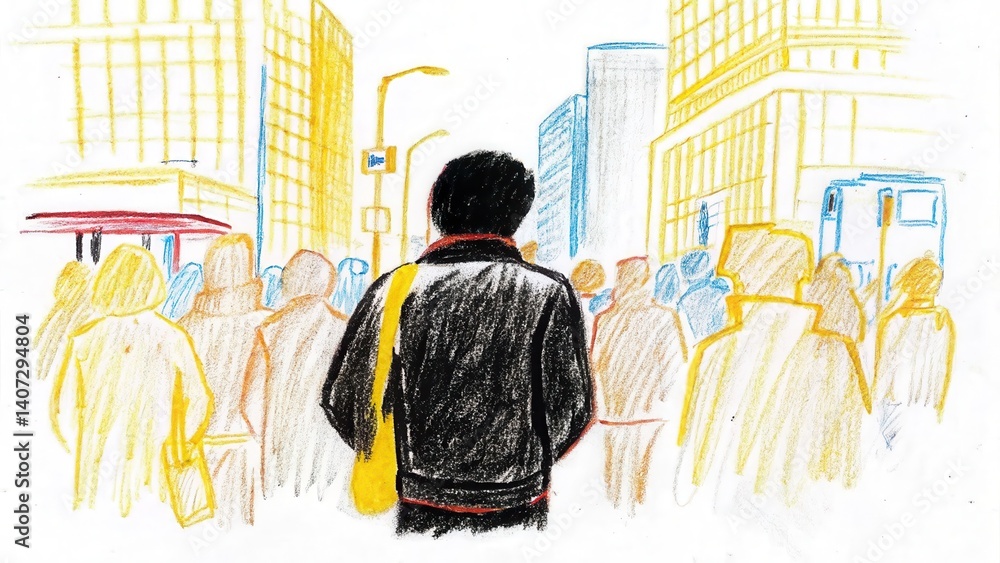 Person observing a crowd in a busy urban cityscape