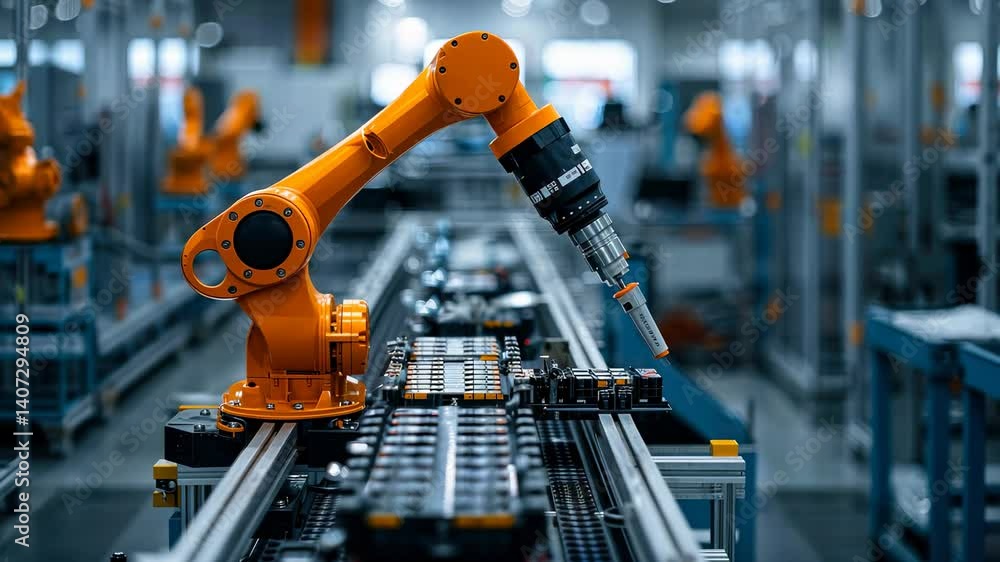 Automated Manufacturing: Orange Robotic Arm Assembling Components on a Conveyor Belt in a Modern Factory Automated Manufacturing: Orange Robotic Arm Assembling Components on a Conveyor Belt in a Modern Factory