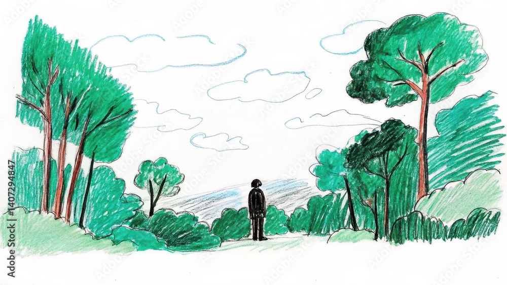 Person contemplating nature against a lush green forest backdrop