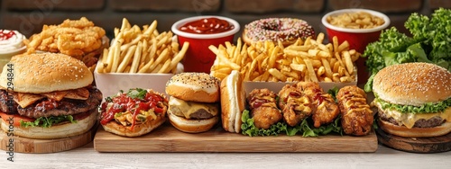 Various delicious fast foods set, unhealthy fast foods isolated on white background. assortment junk foods. beef burger, chicken burger, grilled sandwich, donut, ramen noodles, fries, spring rolls.