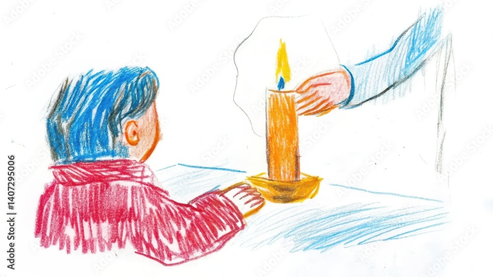 Child receiving a candle, feeling curious, in a warm setting