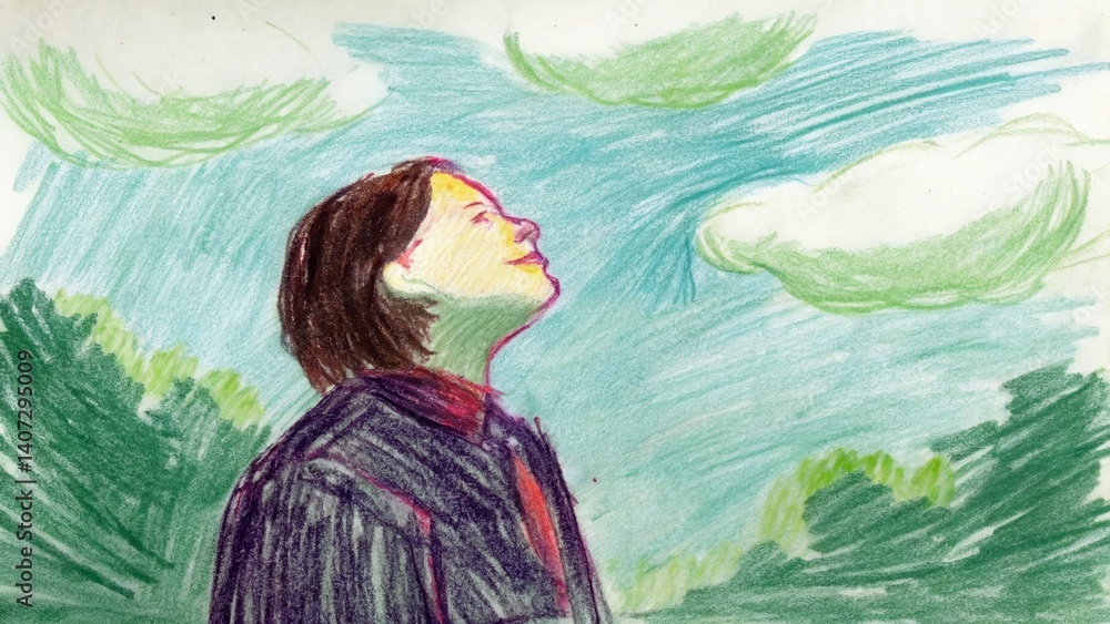 Person gazing at the sky with hope in a vibrant landscape