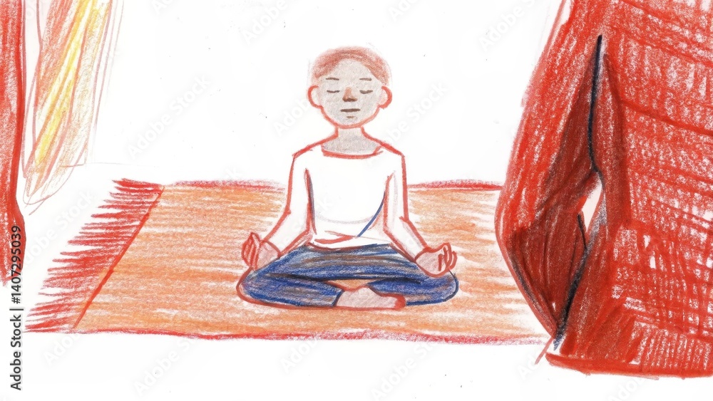 Young person meditating peacefully on a soft rug
