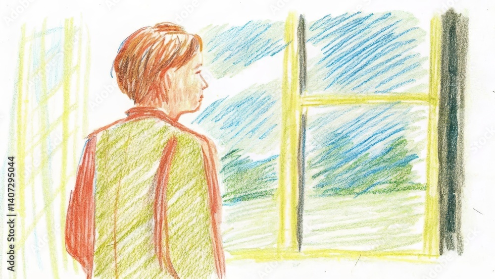 Person gazing out of the window in a colorful setting