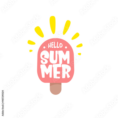 Hello summer pink groovy aesthetic sticker with melting ice cream isolated on white. Hello summer motto sticker, tag, kids label, banner, poster, label png with quote.