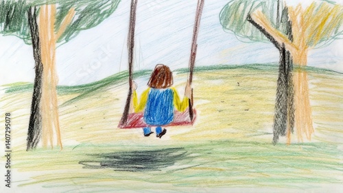 Child swinging joyfully in a colorful park setting  
