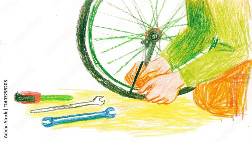 Person Repairing a Bicycle Tire with Tools on a Bright Background