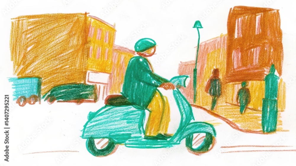 Person riding a scooter in a colorful urban setting