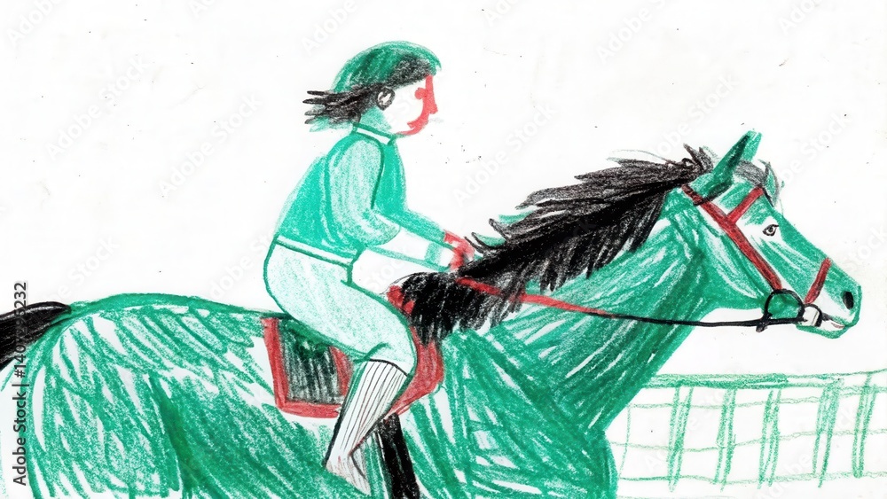 Young rider enjoying a ride on a horse in a vibrant drawing