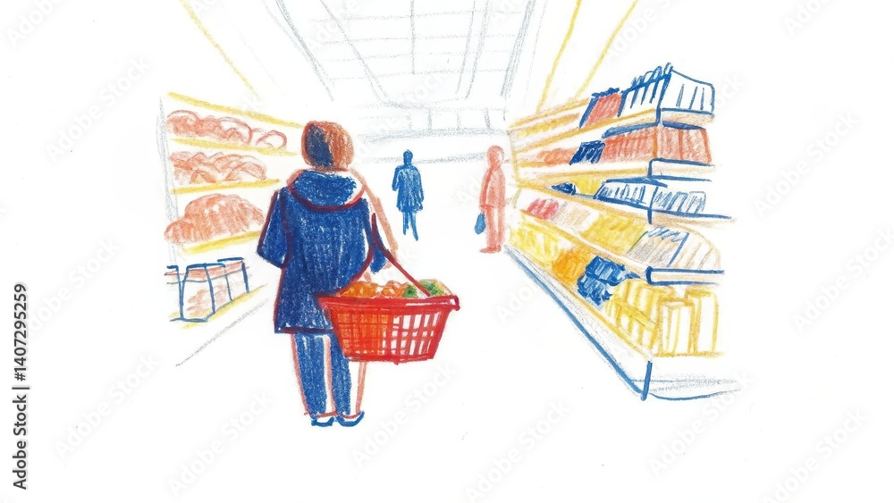 Person shopping with a basket in a grocery store aisle