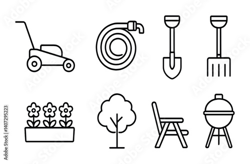 outline vector icons of garden tools: shovel, rake, watering can, wheelbarrow, hoe, gloves, lawnmower, pruner. No text. The icons should be clean. isolated transparent background. Line icons in black