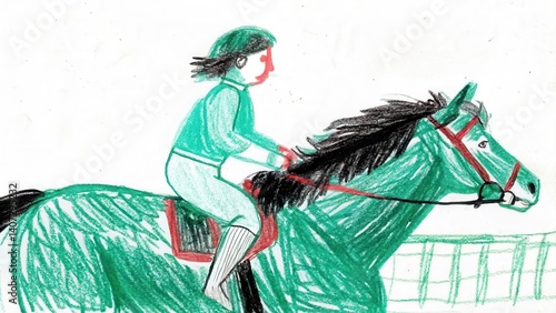 Obraz na płótnie Young rider enjoying a ride on a horse in a vibrant drawing w salonie