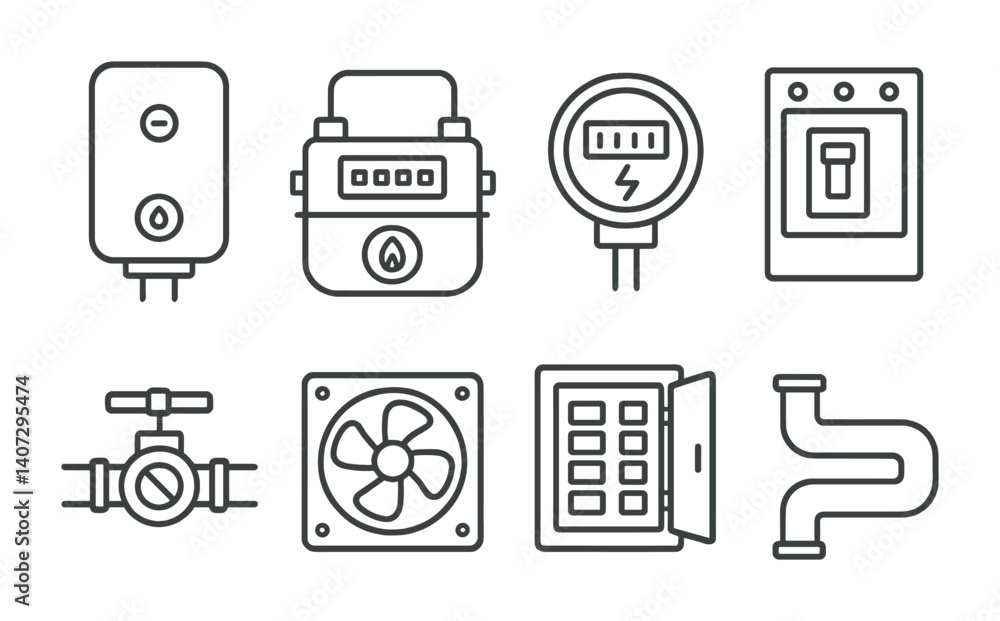 Linear utility icons set: boiler, gas meter, electricity meter, switch, valve, fan, control panel, pipes Linear utility icons set: boiler, gas meter, electricity meter, switch, valve, fan, control panel, pipes