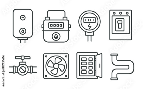 Linear utility icons set: boiler, gas meter, electricity meter, switch, valve, fan, control panel, pipes