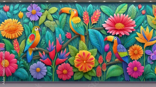 Colorful Pixel Art Mural of Parrots and Tropical Flowers