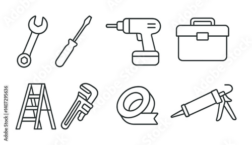 outline vector icons of home improvement: tile cutting, sanding, installing shelves, painting wall, fixing door, changing lights, plumbing repair, caulking. No text. The icons should be clean.