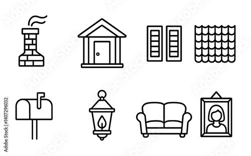 outline vector icons of traditional home elements: chimney, front porch, wooden shutters, tiled roof, mailbox, lantern lamp, classic sofa, framed portrait. No text. The icons should be clean.