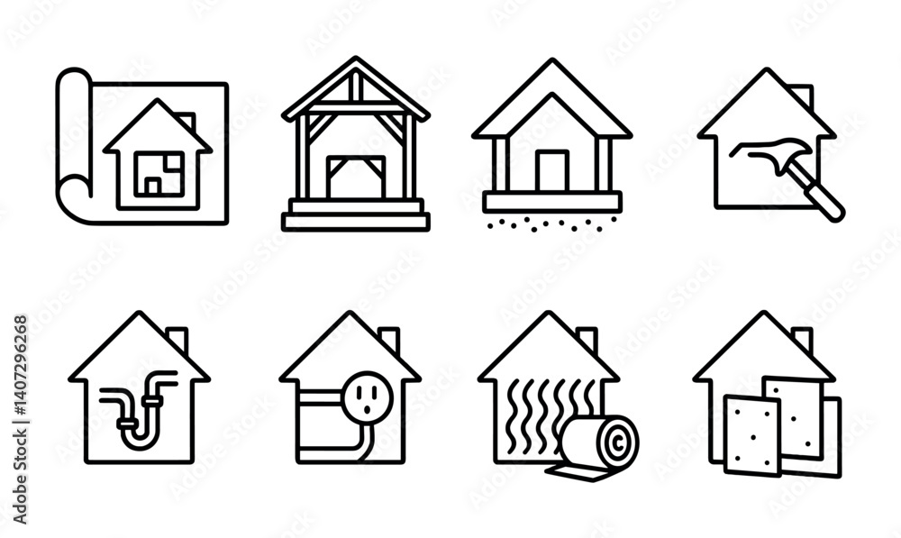 Obraz premium outline vector icons of home renovation: paint roller, blueprint, hard hat, sledgehammer, floor plan, measuring tape, renovation icon, construction debris. No text. The icons should be clean.