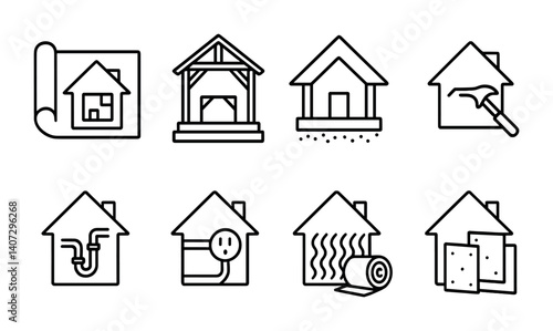 outline vector icons of home renovation: paint roller, blueprint, hard hat, sledgehammer, floor plan, measuring tape, renovation icon, construction debris. No text. The icons should be clean.
