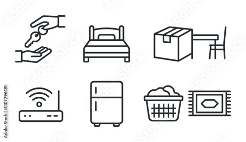 outline vector icons of first apartment: key handover, basic bed, moving box, dining set, Wi-Fi setup, mini fridge, laundry basket, rug. No text. The icons should be clean. isolated transparent