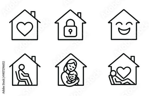 Home emotions icon set: love, security, happiness, relaxation, family