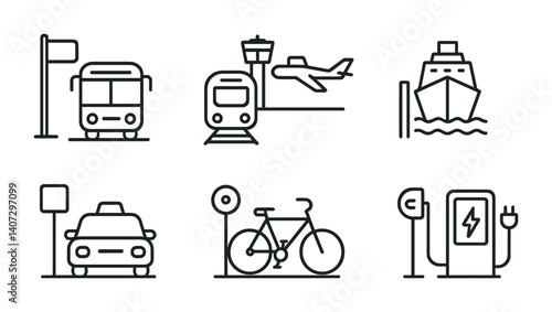 outline vector icons of location in transport: bus stop, train station, airport, ferry terminal, taxi stand, subway station, bike rental, EV charging. No text. The icons should be clean. isolated