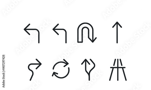 outline vector icons of directional symbols: N arrow, S arrow, E arrow, W arrow, compass rose, intermediate points, wind direction, orientation marker. No text. The icons should be clean. isolated