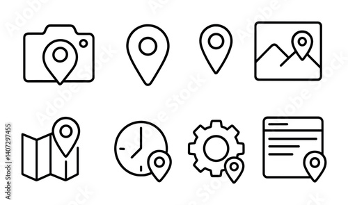 outline vector icons of geotagging features: photo pin, location tag icon, media with location, tagged place, map thumbnail, timestamp, tag settings, post with location. No text. The icons should be