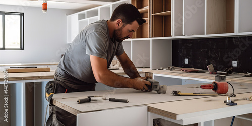 Carpenter installing modern kitchen furniture...