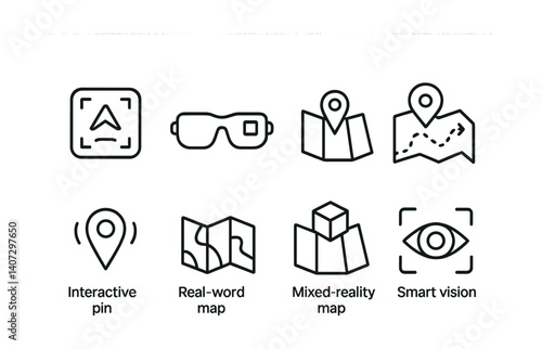 outline vector icons of augmented map features: AR marker, AR glasses, location overlay, digital path, interactive pin, real-world map, mixed-reality map, smart vision. No text. The icons should be