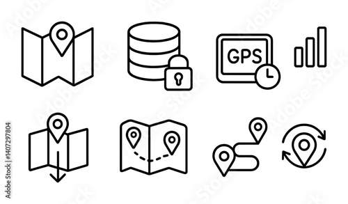 outline vector icons of offline location tools: offline map, local storage, GPS cache, no signal icon, download map, stored routes, offline route, location sync icon. No text. The icons should be