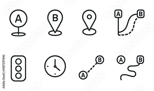outline vector icons of route planning: start point, end point, via point, alternate route, traffic layer, estimated time, shortest path, optimal route. No text. The icons should be clean. isolated