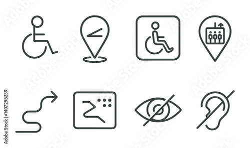 outline vector icons of phone accessibility: screen reader, magnifier, high contrast, voice control, text to speech, assistive touch, subtitles, accessibility shortcut. No text. The icons should be