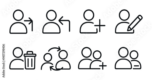 outline vector icons of user interactions: comment thread, like animation, reaction bar, repost icon, save post, direct reply, tag icon, mention. No text. The icons should be clean. isolated