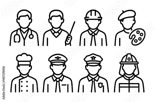 outline vector icons of professional roles: doctor, teacher, engineer, artist, chef, pilot, police officer, firefighter. No text. The icons should be clean. isolated transparent background. Line