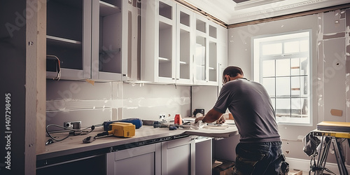 Carpenter installing modern kitchen furniture...