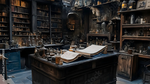 Dark, antique wizarding study with open book