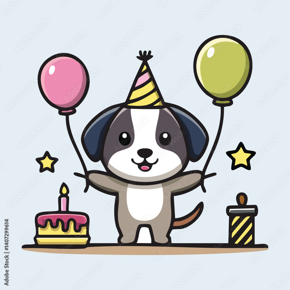 Naklejka premium Birthday Puppy with Balloons and Cake, Party Hat on Head, Festive Background