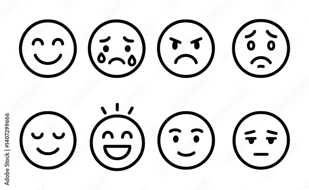 outline vector icons of emotional states: happy heart, sad heart, excited heart, lonely heart, shy heart, anxious heart, warm heart, cold heart. No text. The icons should be clean. isolated outline vector icons of emotional states: happy heart, sad heart, excited heart, lonely heart, shy heart, anxious heart, warm heart, cold heart. No text. The icons should be clean. isolated