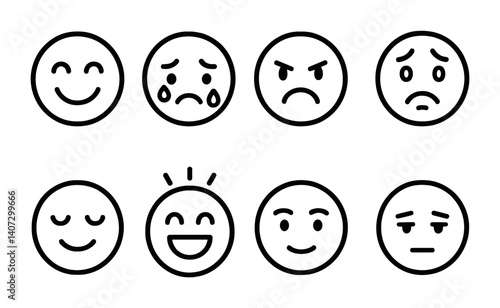 outline vector icons of emotional states: happy heart, sad heart, excited heart, lonely heart, shy heart, anxious heart, warm heart, cold heart. No text. The icons should be clean. isolated