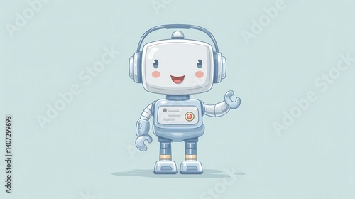 A cheerful cartoon robot character wearing headphones, designed with a friendly expression and playful features, perfect for themes related to technology, innovation, and creativit
