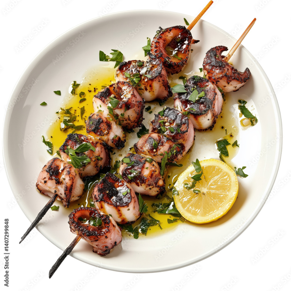 Grilled souvlaki skewers with pita bread, tzatziki, onions and fresh herbs. A traditional Greek meal full of flavor.