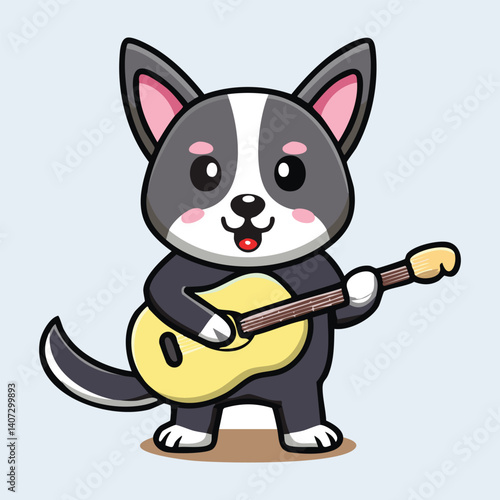 Adorable Dog Playing Guitar and Singing, Cartoon Band Setup, Music Vibes
