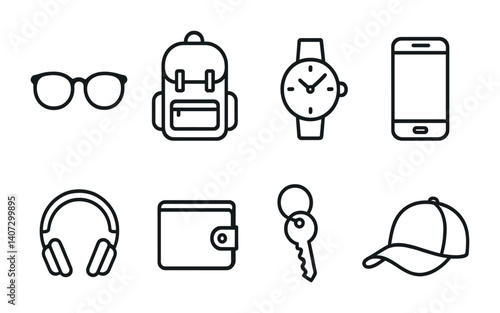 Essential everyday icons set: glasses, backpack, watch, phone, headphones, wallet, keys, cap