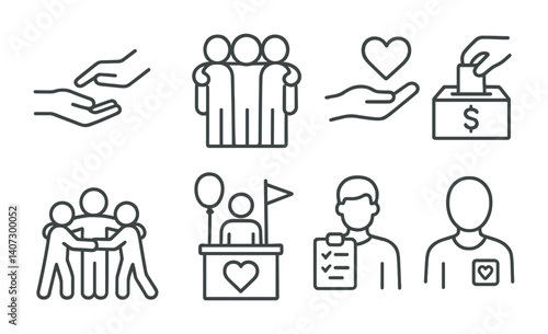 outline vector icons of charity and donation: hand with heart, heart donation, volunteer icon, charity box, heart globe, helping hands, gift with heart, heart community. No text. The icons should be