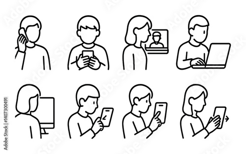 outline vector icons of people using devices: phone call, texting, video chat, typing on computer, watching screen, scrolling, app interaction, swiping. No text. The icons should be clean. isolated