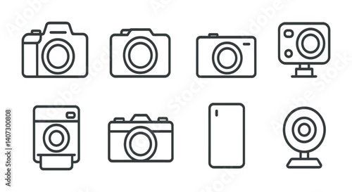 outline vector icons of camera types: DSLR, mirrorless, compact camera, action cam, instant camera, film camera, smartphone camera, webcam. No text. The icons should be clean. isolated transparent