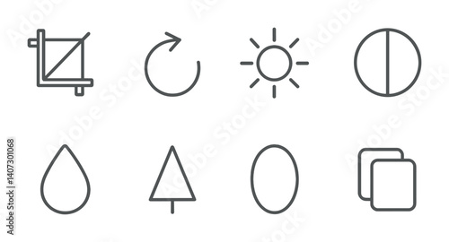 outline vector icons of editing tools: crop, rotate, brightness, contrast, saturation, sharpness, vignette, filters. No text. The icons should be clean. isolated transparent background. Line icons in