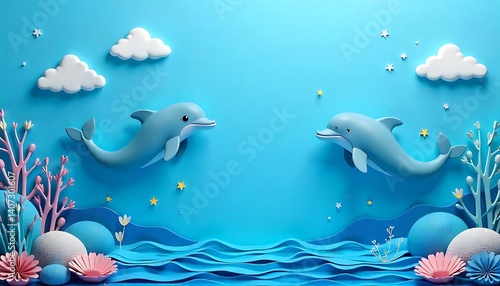 A cute cartoon dolphin jumps joyfully in the blue ocean waters surrounded by marine life, seashells, and starfish